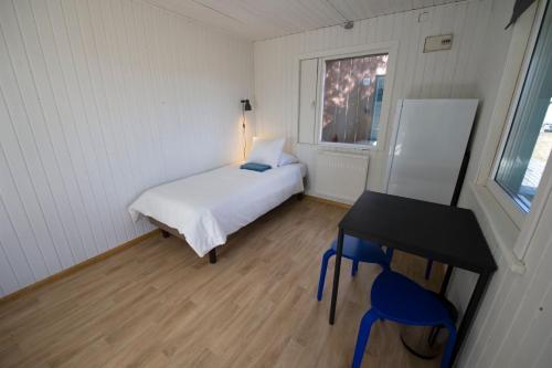 a small room with a bed and a desk and a window at Lõunaranna Harbour Accommodation in Simisti