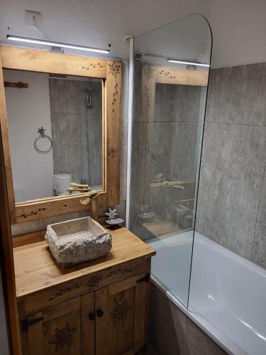 une salle de bain avec une douche, un lavabo et une baignoire dans l'établissement Valmeinier 1800 Front de neige et piscine d été, à Valmeinier