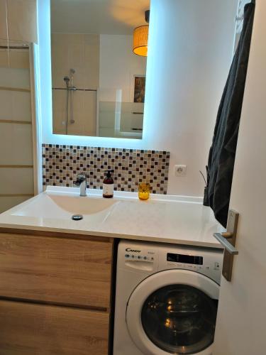 La salle de bains est pourvue d'un lave-linge et d'un lavabo. dans l'établissement Neuf, calme, 10 minutes du centre de Paris, à Saint-Denis