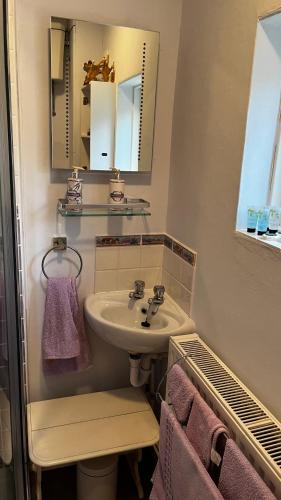 a bathroom with a sink and a mirror and purple towels at Exmoor BnB in Withypool on Two Moors Way in Withypool