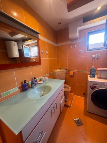 a bathroom with a sink and a toilet at Hostel Lejla in Podgorica