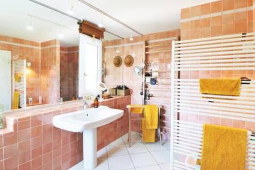 une salle de bain avec un lavabo, une baignoire et une douche dans l'établissement Le Domaine des vignes-Spacieuse Villa/piscine, à Hyères