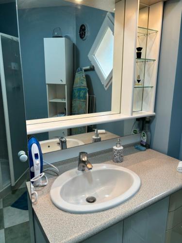 une salle de bain avec un lavabo et un miroir dans l'établissement Maison chaleureuse avec barbecue quartier calme, à Voivres-lès-le-Mans