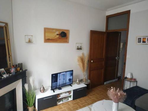 Il comprend un salon doté d'une télévision à écran plat et d'une cheminée. dans l'établissement Appartement Nancy hyper centre, à Nancy