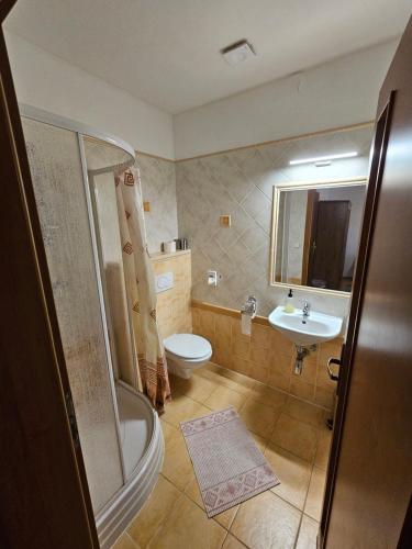 a bathroom with a toilet and a sink and a shower at St. Florian Restaurant & Pension in Vrakúň