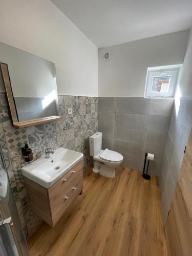 a bathroom with a white sink and a toilet at Penzion Pivovar 66 in Česká Lípa