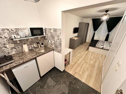 een kleine keuken met een wastafel en een slaapkamer bij Luna Apartament in Timişoara