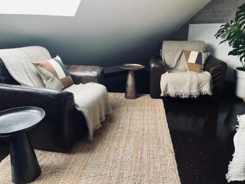 a living room with two leather chairs and a rug at La Grainerie in Durbuy