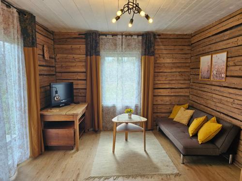 a living room with a couch and a tv at Metsavahi puhketalu in Kaevussaare