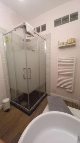 La salle de bains est pourvue d'une douche et de toilettes blanches. dans l'établissement La Petite Maison à Beaulieu, à Beaulieu-sur-Dordogne