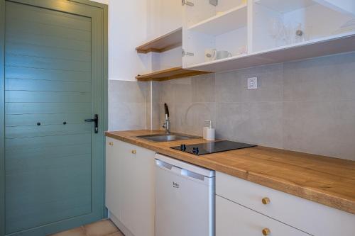 a kitchen with a sink and a green door at 123 Soleil Studios in Agia Marina Aegina