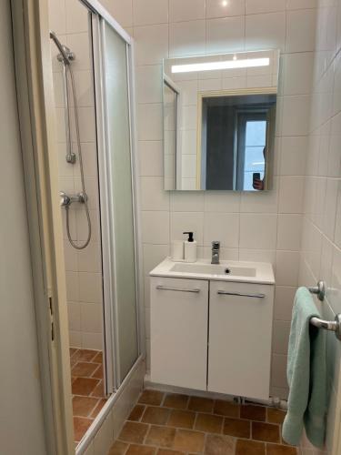 une salle de bain blanche avec un lavabo et une douche dans l'établissement Appartement dans le Marais 3 chambres, à Paris