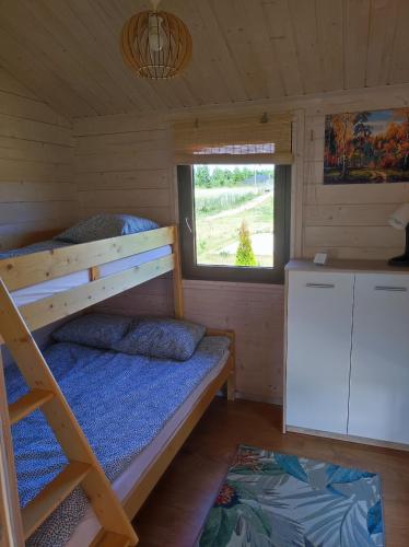 a bedroom with a bunk bed and a window at Domki Zaczarowana Łąka w Borach Tucholskich in Wełpin