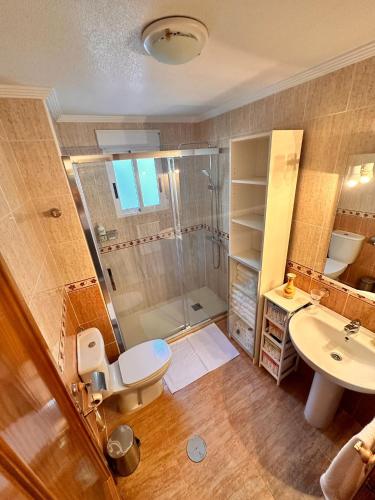 a bathroom with a shower and a toilet and a sink at Costa Oasis Residencia La Mirada in Orihuela Costa