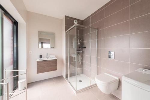 une salle de bain avec une douche, des toilettes et un lavabo dans l'établissement Red Sky - Studio presquîle Malraux avec terrasse, à Strasbourg