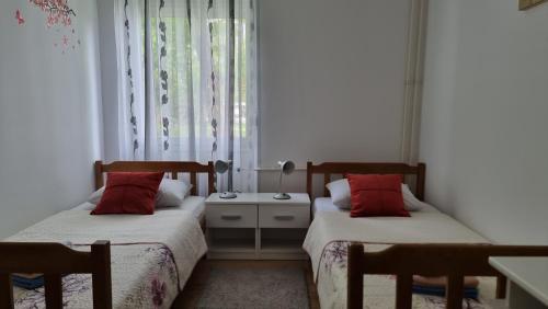een slaapkamer met 2 bedden en een raam bij Apartman Filipčić in Plitvička Jezera