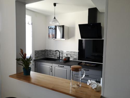 Il comprend une cuisine avec un plan de travail, un évier et une télévision. dans l'établissement Appart royan centre ville plage, à Royan