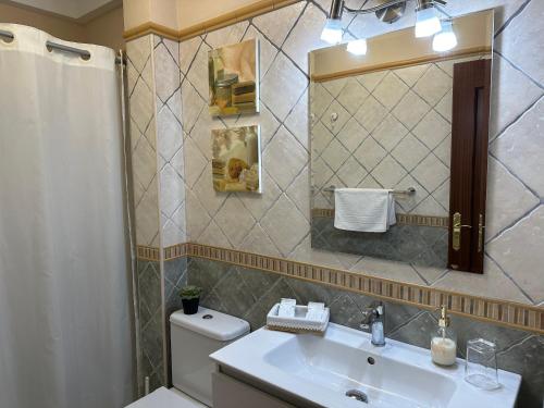 a bathroom with a sink and a toilet and a mirror at Vivienda Vacacional VillaVerde in Valverde