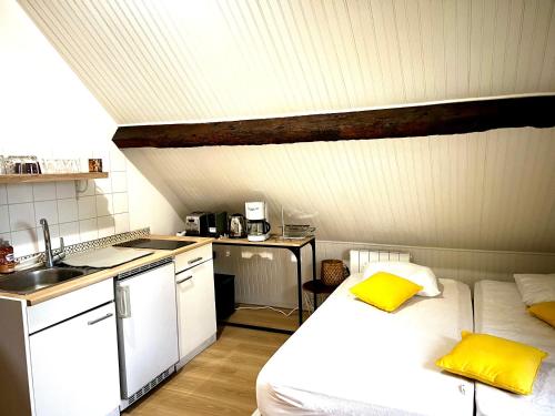 Habitación con cama y cocina con fregadero en Le Clos Saint Patrice, en Bayeux