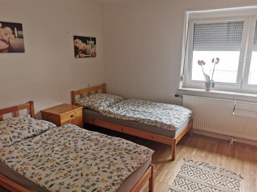 2 camas individuais num quarto com uma janela em Ferienwohnungen Wunderburg em Gmunden