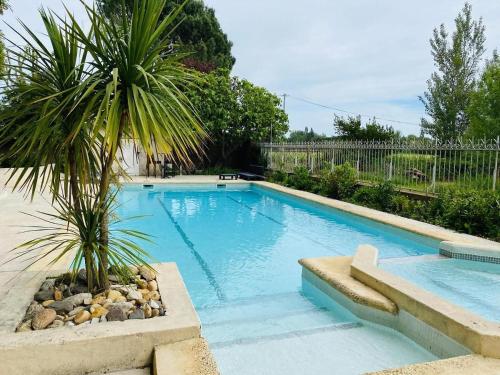 una piscina con una palmera en un patio en Château de La Prade, en Narbona