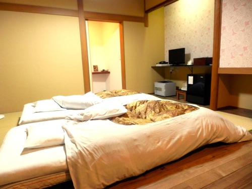 een kat op een bed in een kamer bij Tenryuso in Ōtaki