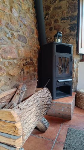 a wood stove in a room with a stone wall at Casa Rural Casa Selmo in Carreno
