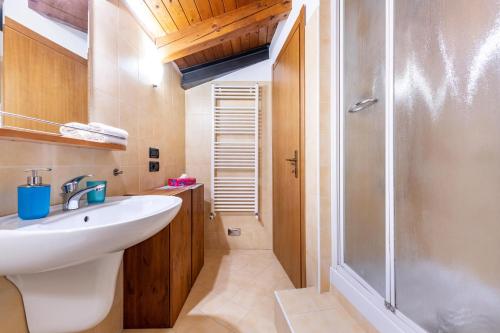 uma casa de banho com um lavatório e um chuveiro em Appartamento piccionaia sul lago em Gargnano