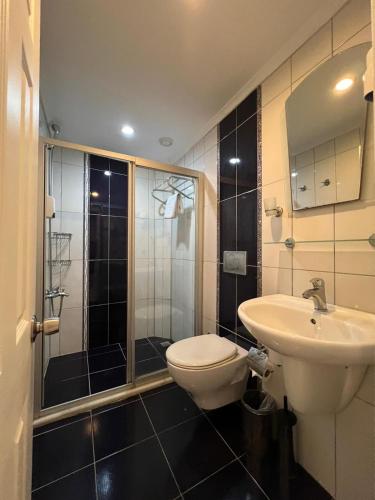 a bathroom with a shower and a toilet and a sink at Sırma Family Apart Hotel in Side