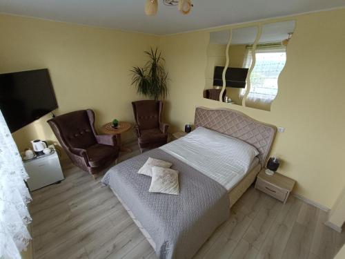 猶爾巴卡的住宿－viešbutis Jurbarkas，一间卧室配有一张床、两把椅子和电视