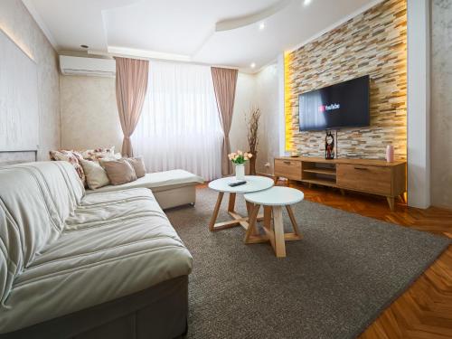 sala de estar con sofá y TV en Apartman Julija en Donji Milanovac