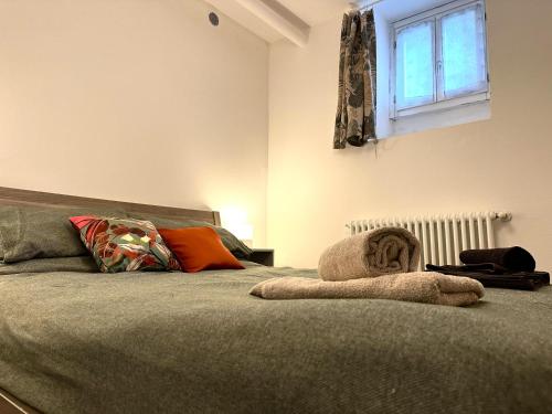 a bedroom with a bed with a pillow and a window at La casa sulla collina - apt. 1 in Colonno