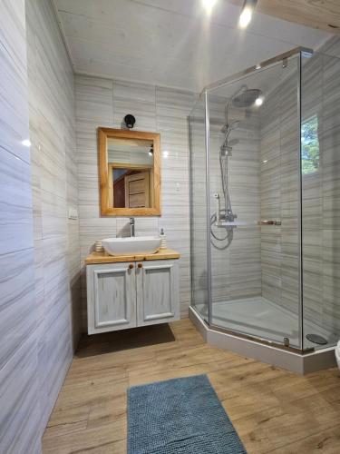 ein Bad mit einem Waschbecken und einer Dusche in der Unterkunft Kominkówka in Brenna
