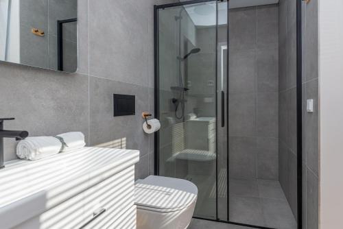 a bathroom with a toilet and a glass shower at J7 Beržas 7A-1 in Palanga
