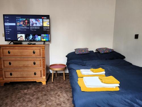 a bedroom with a bed and a dresser and a tv at Studio Centrum, Private Entrance, SELF CHECK-IN 24h in Katowice