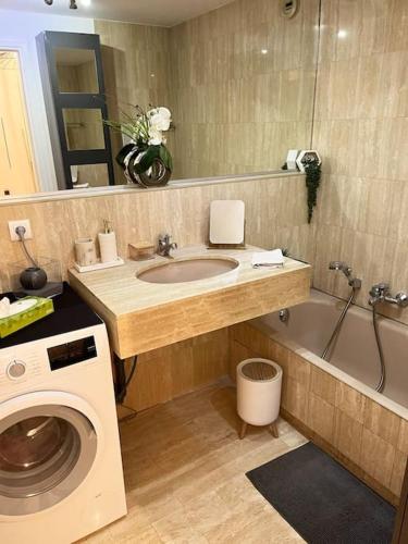 une salle de bain avec un lavabo et une machine à laver dans l'établissement Appartement 2 pièces à Cannes, à Cannes