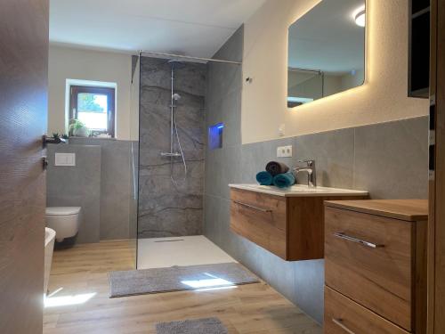 a bathroom with a shower and a sink and a mirror at Ferienwohnung Hoacherer-Hof in Riedenburg