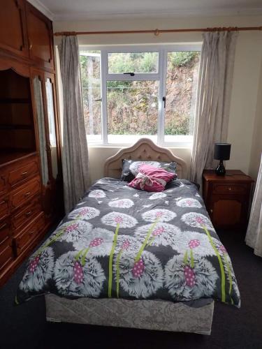 Valley View في Jamestown: سرير في غرفة نوم مع نافذة ومفرش