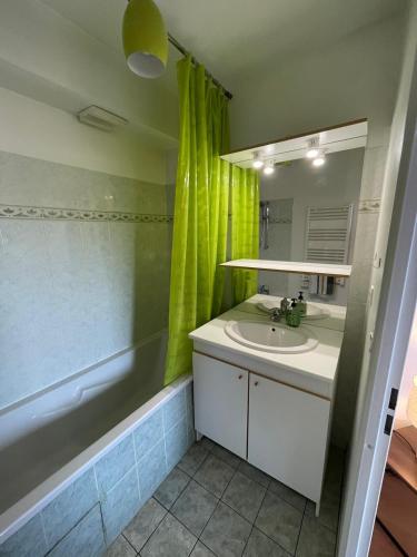 une salle de bain avec un lavabo, une baignoire et une douche dans l'établissement City Rose T2, Climatisation,parking privé, piscine, wifi , tout confort, à Toulouse
