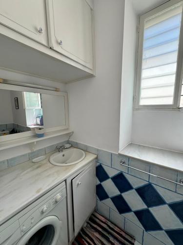 a bathroom with a sink and a washing machine at Two Olive Trees in Spetses
