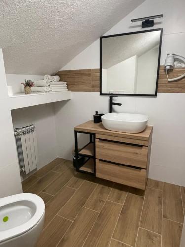 a bathroom with a sink and a toilet and a mirror at House Magdic Plitvice in Grabovac