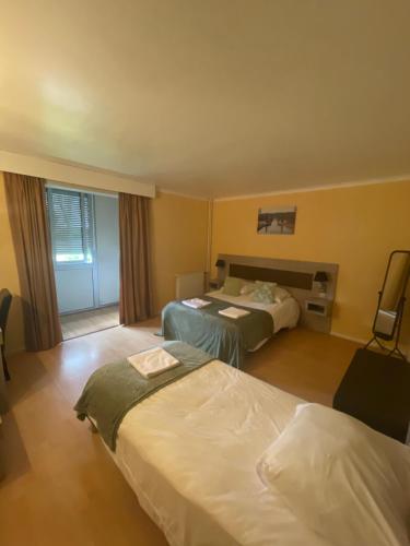 ein Hotelzimmer mit 2 Betten und einem Fenster in der Unterkunft Auberge du pont canal in Briare