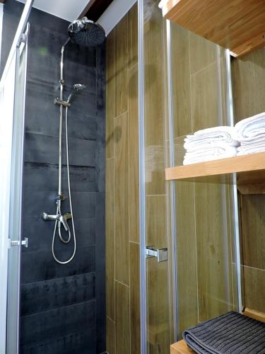 a shower with a glass door in a bathroom at Casas Piedra in Arredondo