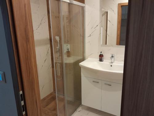 a bathroom with a shower and a sink at Apartmán centrum Bytča. in Bytča