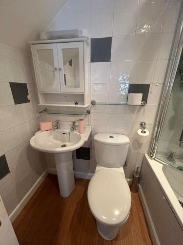 a bathroom with a toilet and a sink at Turnstone in Seaton