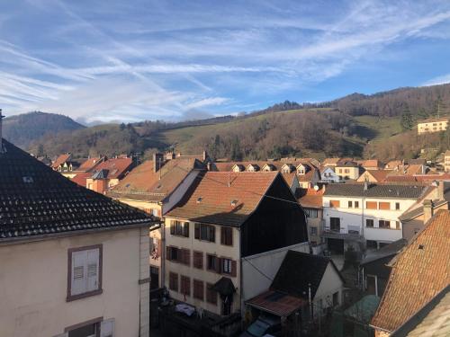 uitzicht op een stad met huizen en bergen bij Aux Souvenirs d'Anaëlle gîtes 5 personnes in Sainte-Marie-aux-Mines