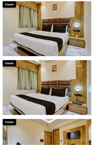 two pictures of a hotel room with two beds at HotelMeetPalace in Ahmedabad