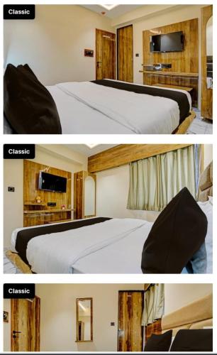 two pictures of a hotel room with two beds at HotelMeetPalace in Ahmedabad