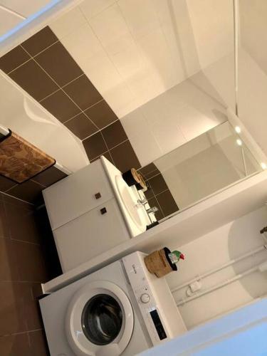 - une petite salle de bains pourvue d'un lave-linge et d'un miroir dans l'établissement Studio Cosy, LYON, avec garage privé, à Lyon