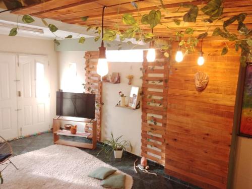 コモドーロ・リバダビアにあるComo en Casaの木製の壁のリビングルーム(テレビ付)